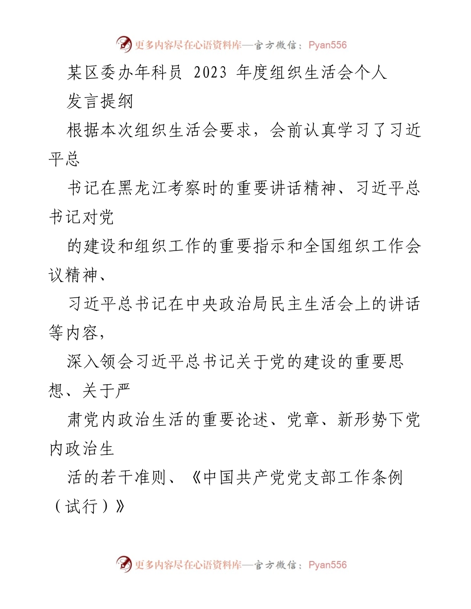 [发言提纲] 组织生活会 - 2023年度个人发言提纲及问题整改汇报.docx_第1页