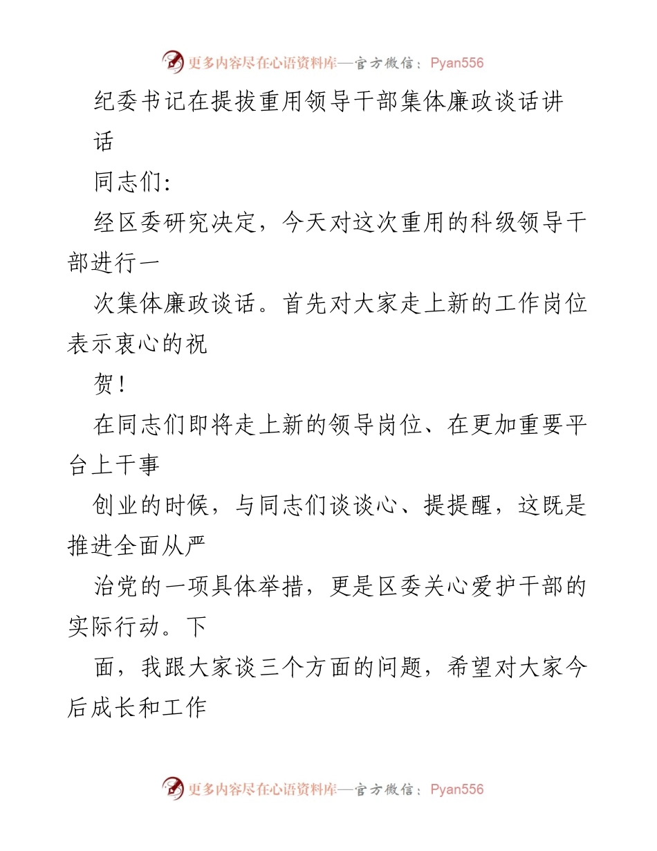 [发言] 领导干部集体廉政谈话 - 坚守政治纪律，做忠诚领导干部.docx_第1页