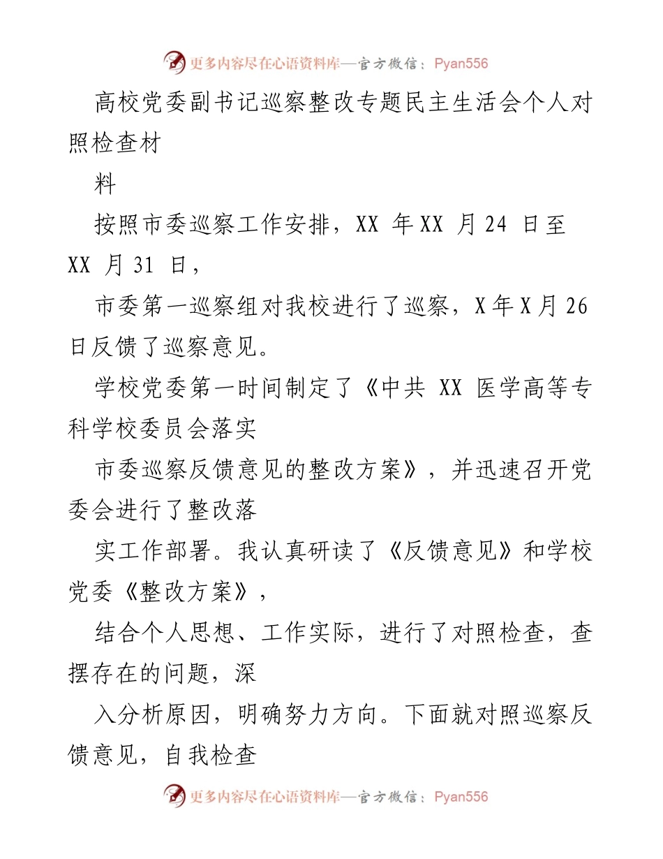 [发言] 高校党委副书记巡察整改专题民主生活会 - 巡察反馈意见下的个人对照检查与整改思考.docx_第1页