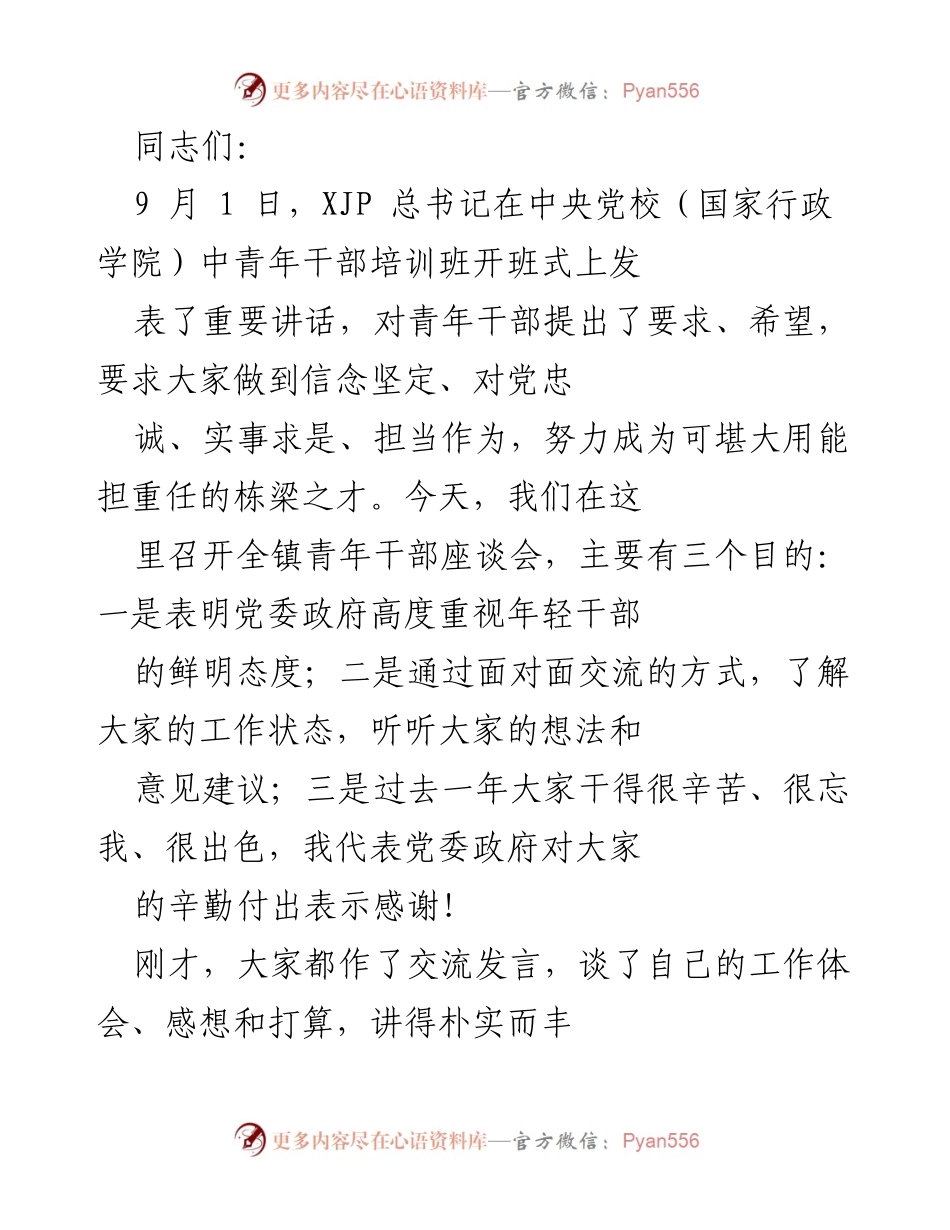 [发言] 青年干部座谈会 - 青年干部要志存高远，忠于信仰与职责.docx_第1页