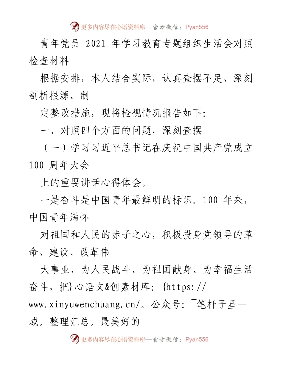 [发言] 青年党员学习教育专题组织生活会 - 深刻查摆不足，砥砺奋斗新征程.docx_第1页