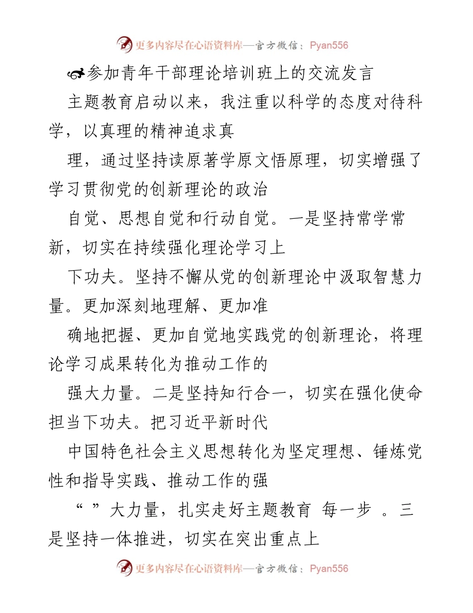 [发言] 青年干部理论培训班 - 坚持理论学习，推动使命担当.docx_第1页