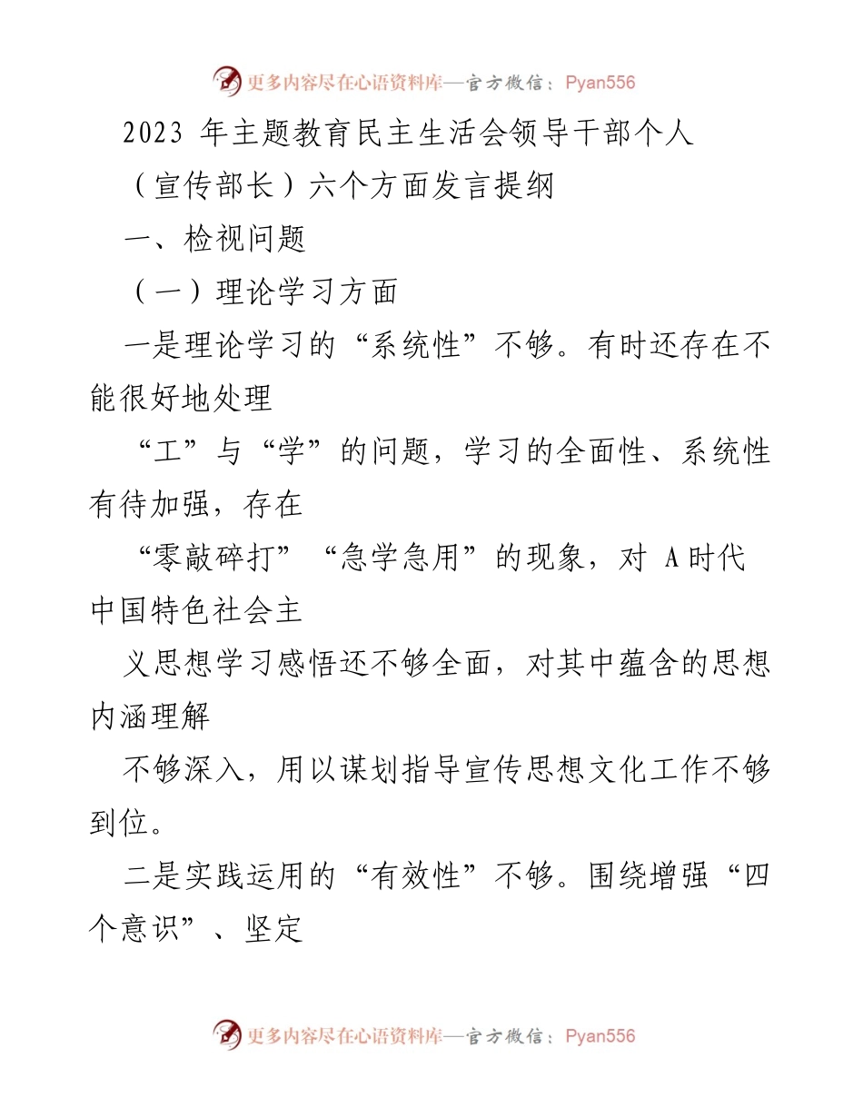 [发言提纲] 主题教育民主生活会 - 宣传部长个人问题检视与反思.docx_第1页