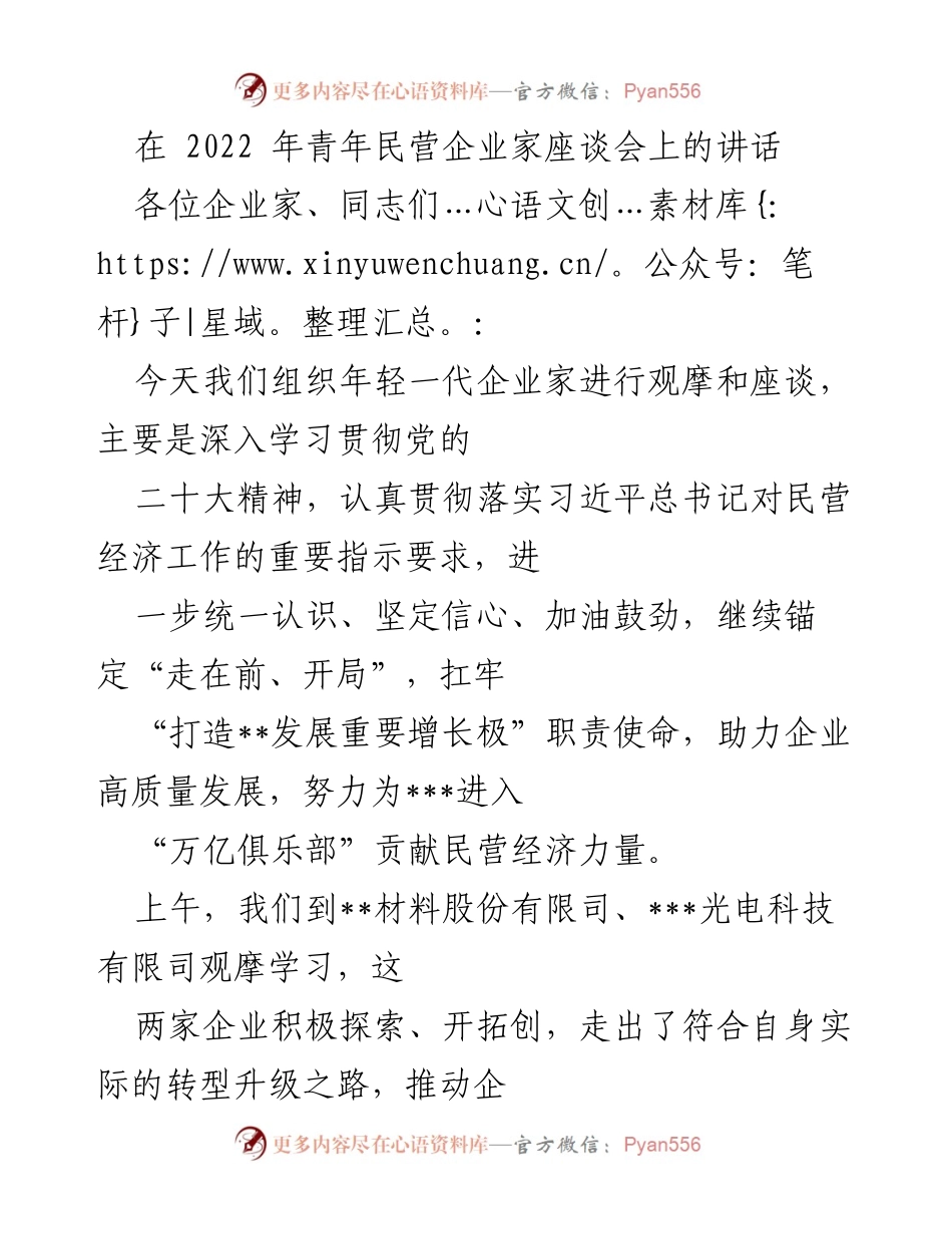 [发言] 青年民营企业家座谈会 - 青年企业家的使命与担当_1.docx_第1页