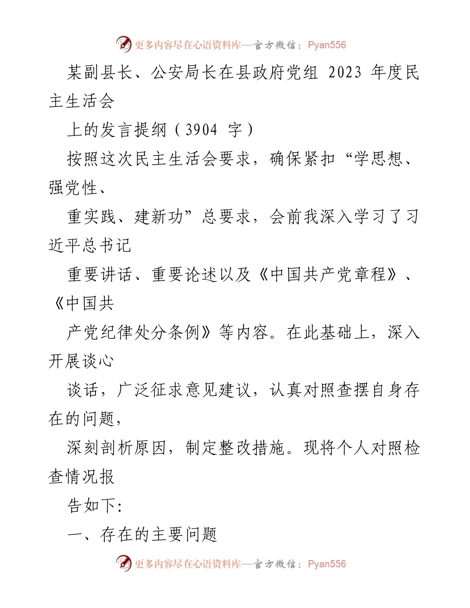 [发言提纲] 县政府党组民主生活会 - 剖析个人问题与整改措施报告.docx_第1页