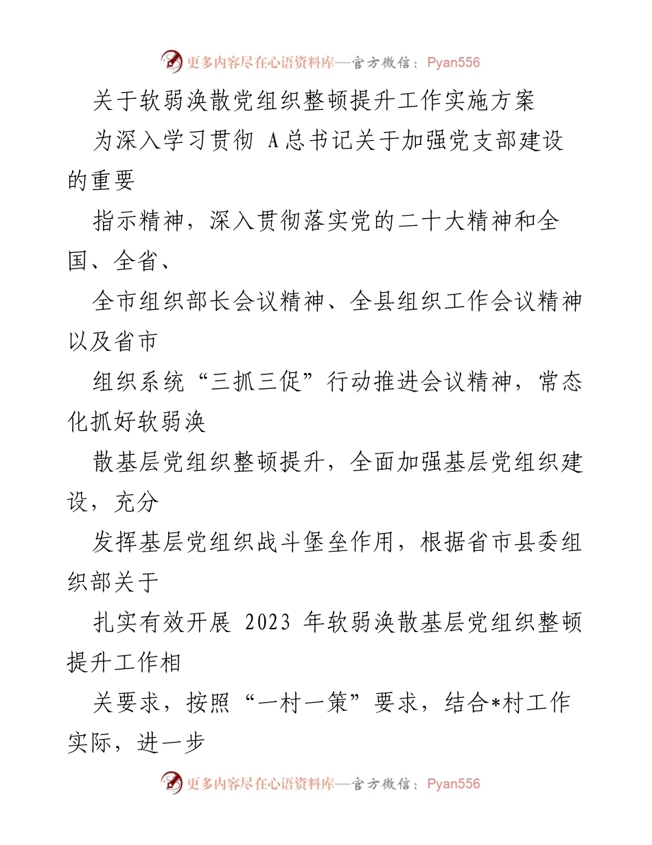 [实施方案] 党组织整顿 - 软弱涣散党组织整顿提升工作实施方案.docx_第1页