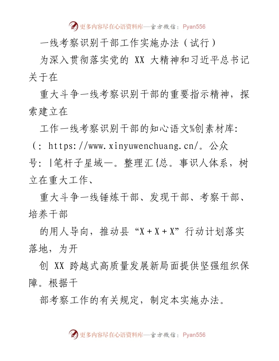 [实施办法] 干部考察 - 一线考察识别干部工作实施办法（试行）.docx_第1页