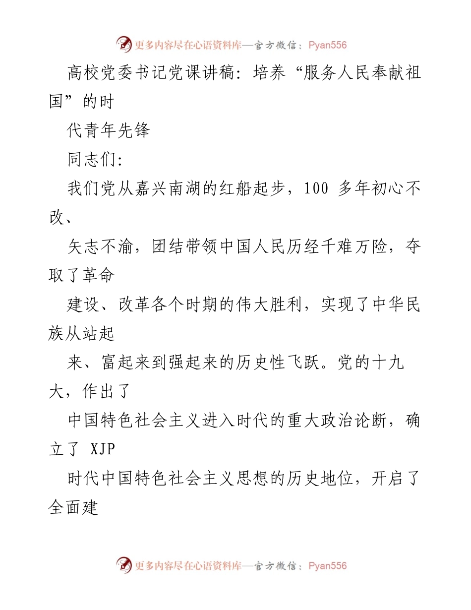 [发言] 高校党委书记党课 - 培养时代青年先锋：服务人民奉献祖国的使命.docx_第1页