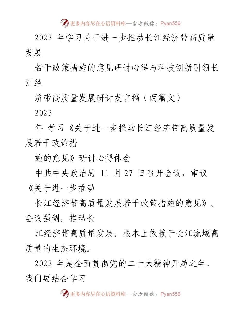 [发言稿] 研讨会 - 推动长江经济带高质量发展的政策与创新路径探讨.docx_第1页