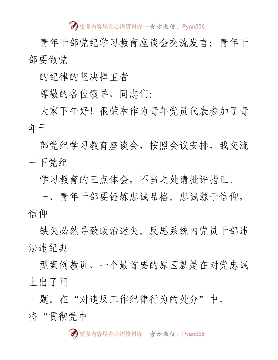 [发言] 青年干部党纪学习教育座谈会 - 青年干部要做党纪的坚决捍卫者.docx_第1页