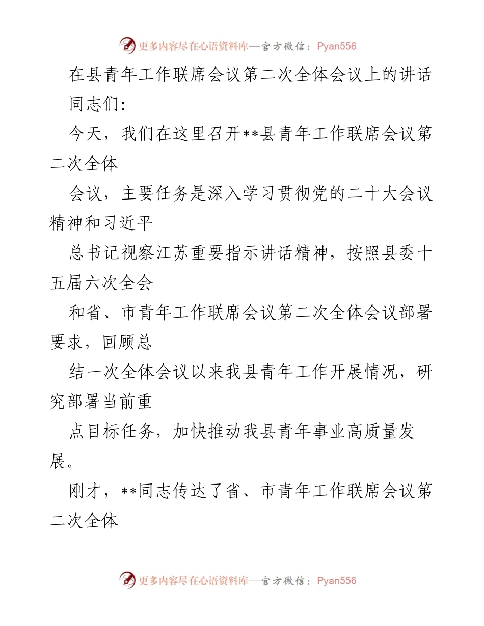 [发言] 青年工作联席会议 - 深入学习贯彻党的二十大精神推动青年事业高质量发展.docx_第1页
