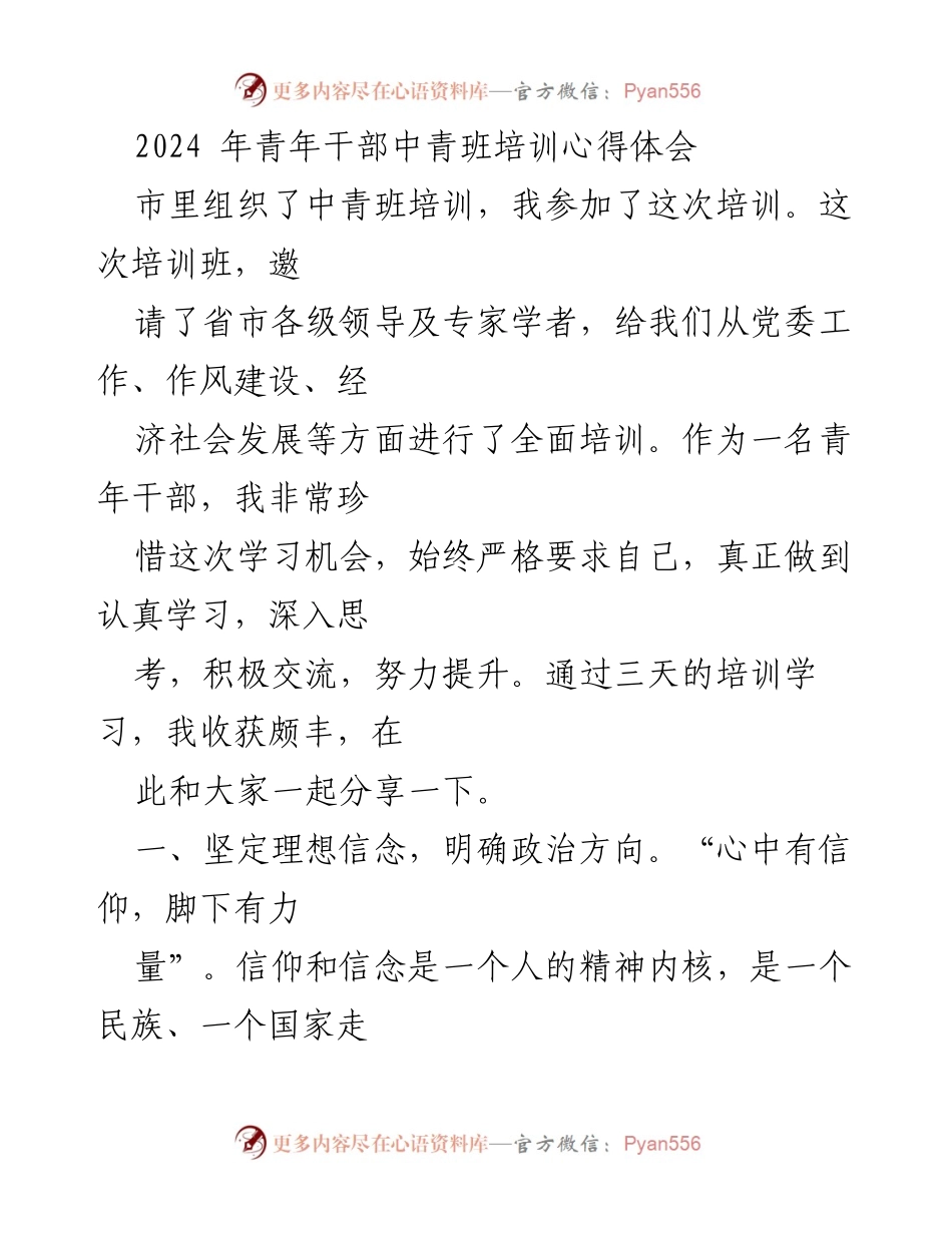 [发言] 青年干部培训总结 - 青年干部培训心得体会：坚定信念与提升能力.docx_第1页