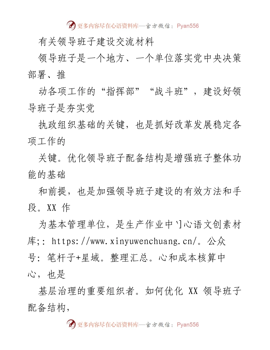 [发言] 领导班子建设交流会 - 优化领导班子配备结构，推动高质量发展.docx_第1页