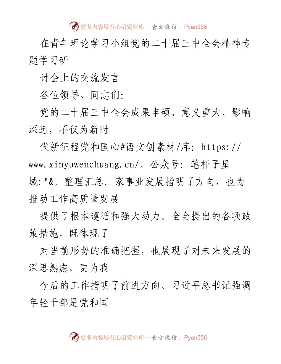 [发言] 青年理论学习小组专题学习研讨会 - 深入学习党的二十届三中全会精神，争做改革创新的先锋.docx_第1页