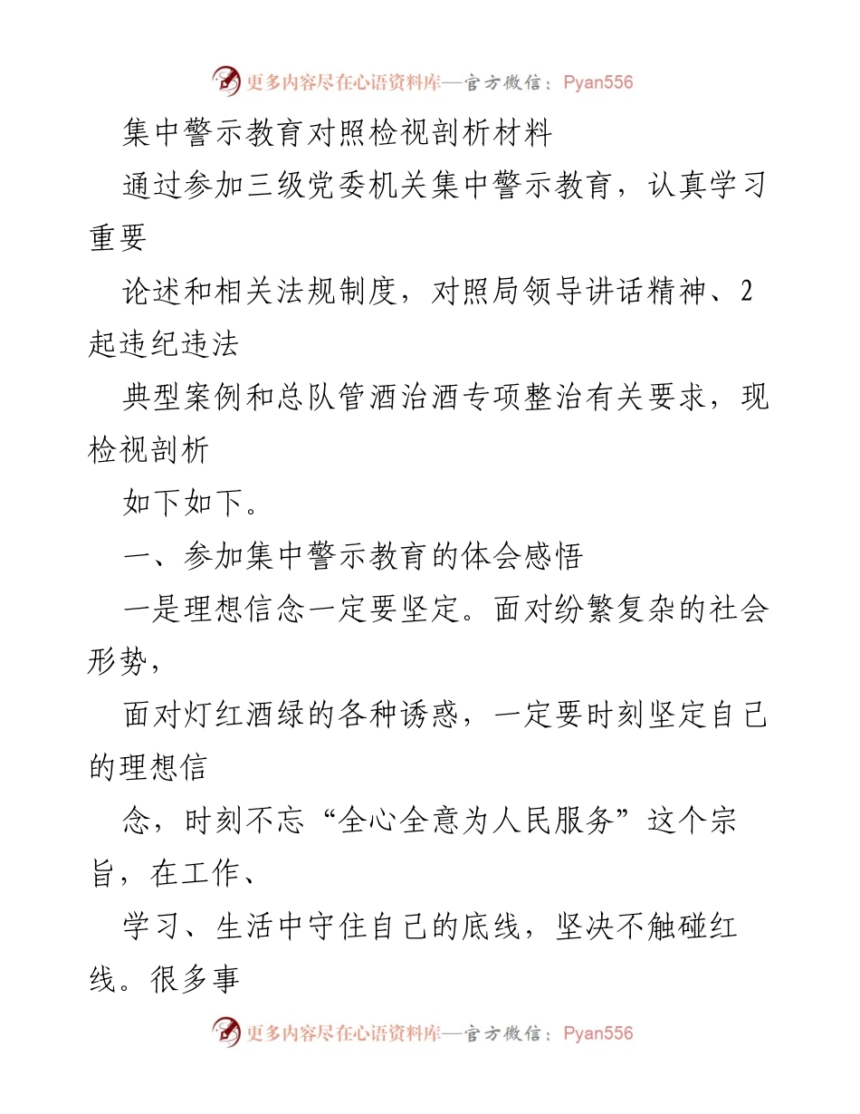 [发言] 集中警示教育 - 深化理想信念，增强自我约束力的检视剖析.docx_第1页