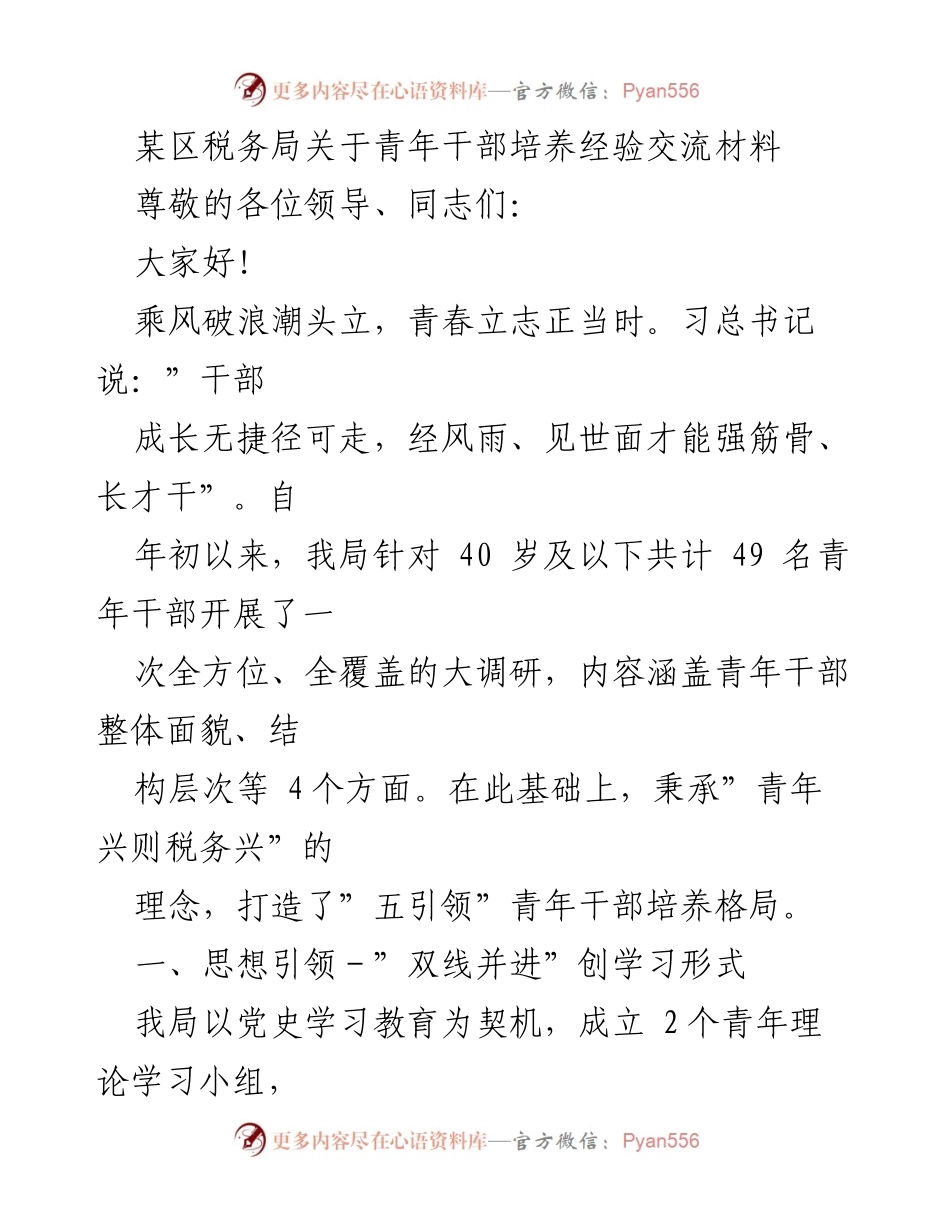 [发言] 青年干部培养经验交流会 - 青年兴则税务兴：某区税务局青年干部培养经验分享.docx_第1页