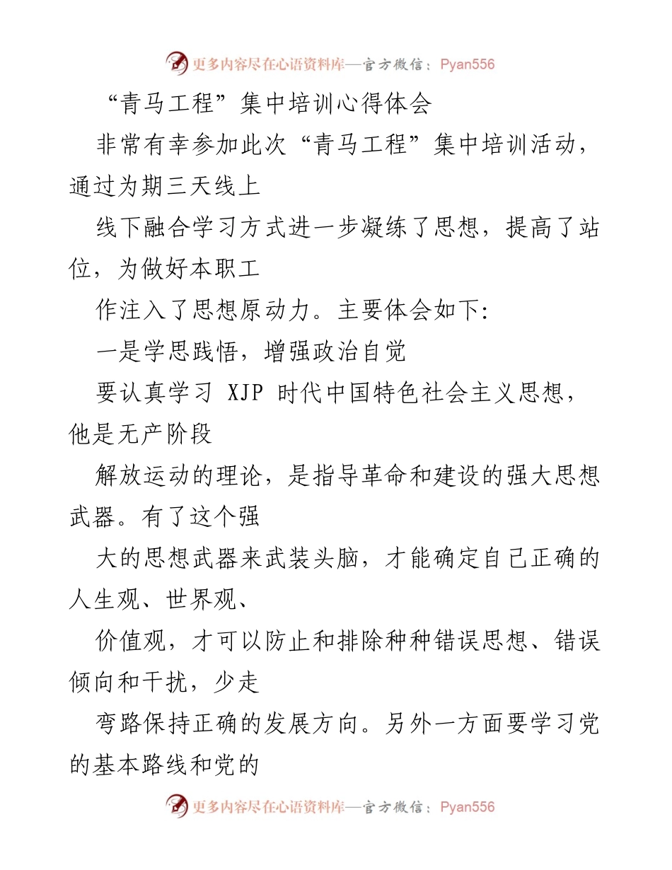 [发言] 青马工程培训 - 青马工程培训心得体会：增强政治自觉与业务能力提升.docx_第1页