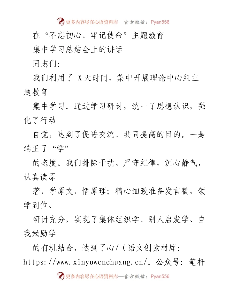 [发言] 集中学习总结会 - 深化理论学习，推动主题教育实效.docx_第1页