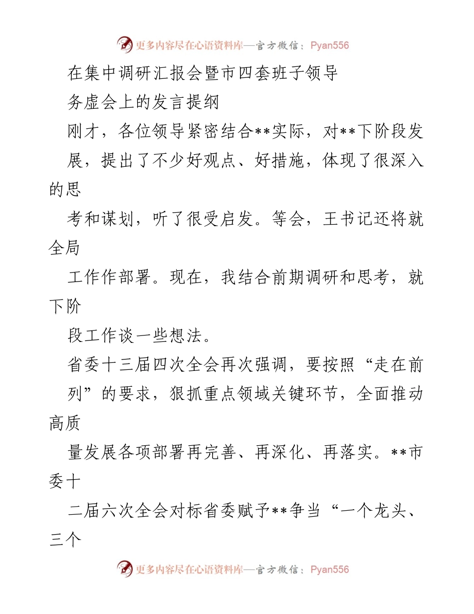 [发言] 集中调研汇报会暨市四套班子领导务虚会 - 高质量发展新使命与路径探讨.docx_第1页