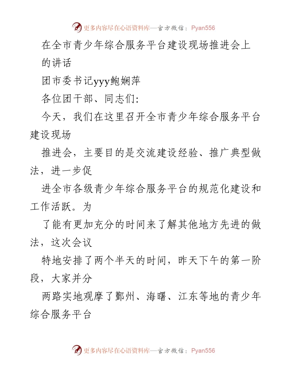 [发言] 青少年综合服务平台建设现场推进会 - 深化青少年综合服务平台建设的重要性与实践经验交流.docx_第1页