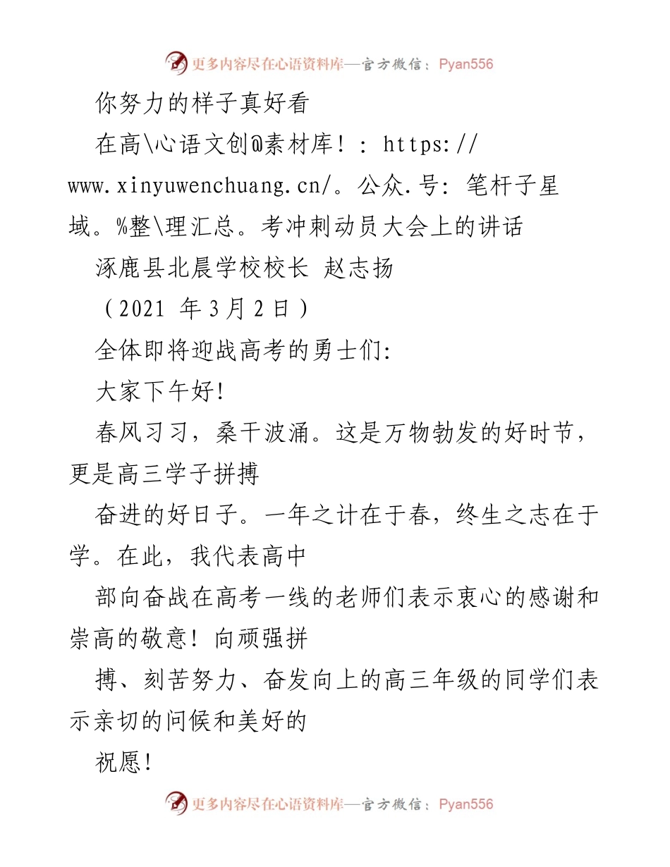 [发言] 高考冲刺动员大会 - 努力的样子真好看：致即将迎战高考的勇士们.docx_第1页