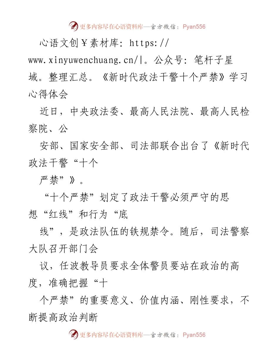 [学习心得体会] 司法警察大队会议 - 深刻理解《新时代政法干警“十个严禁”》的重要性与实施路径.docx_第1页