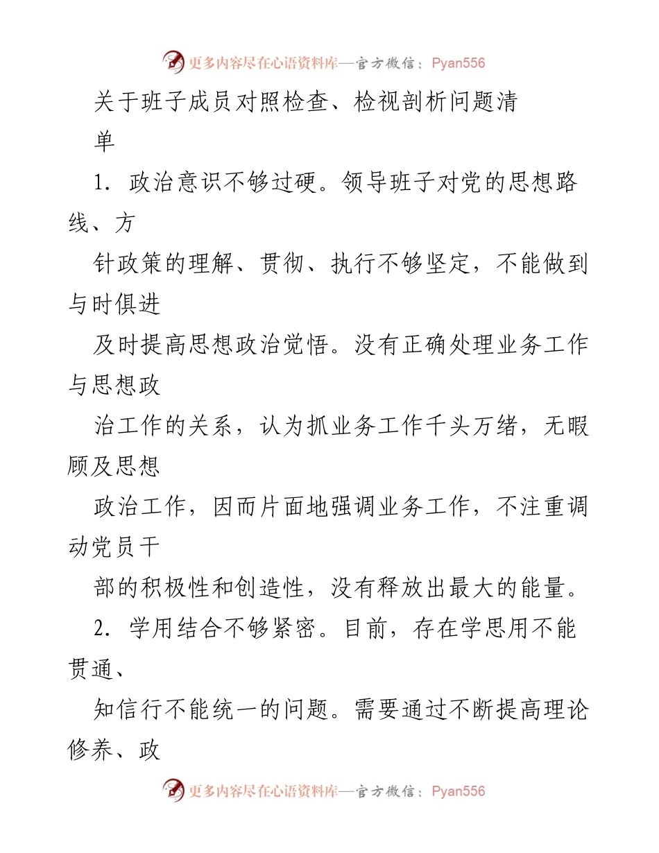 [发言] 领导班子对照检查会议 - 班子成员问题检视与反思报告.docx_第1页