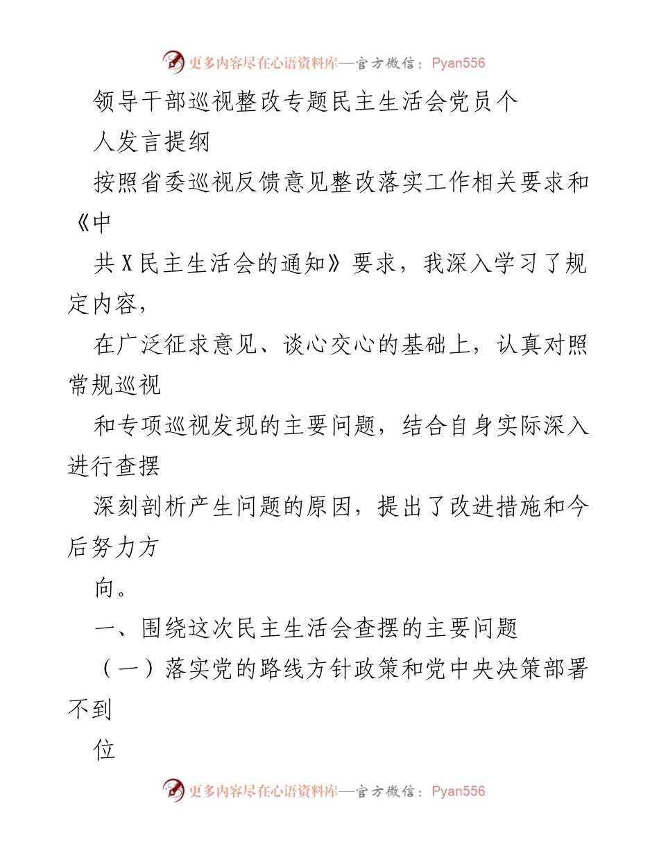 [发言] 领导干部巡视整改专题民主生活会 - 深入剖析巡视整改问题与改进措施.docx_第1页