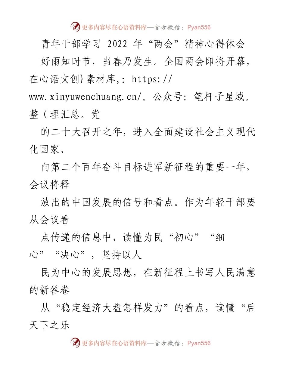 [发言] 青年干部学习会 - 深入理解2022年“两会”精神的心得体会.docx_第1页