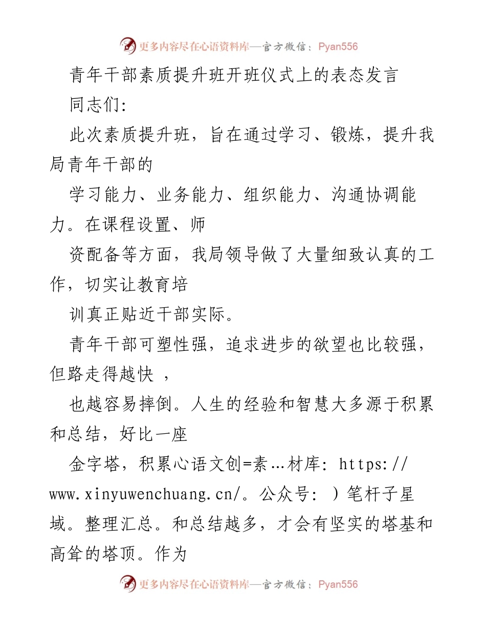 [发言] 青年干部素质提升班开班仪式 - 提升青年干部素质，锻炼三种能力.docx_第1页