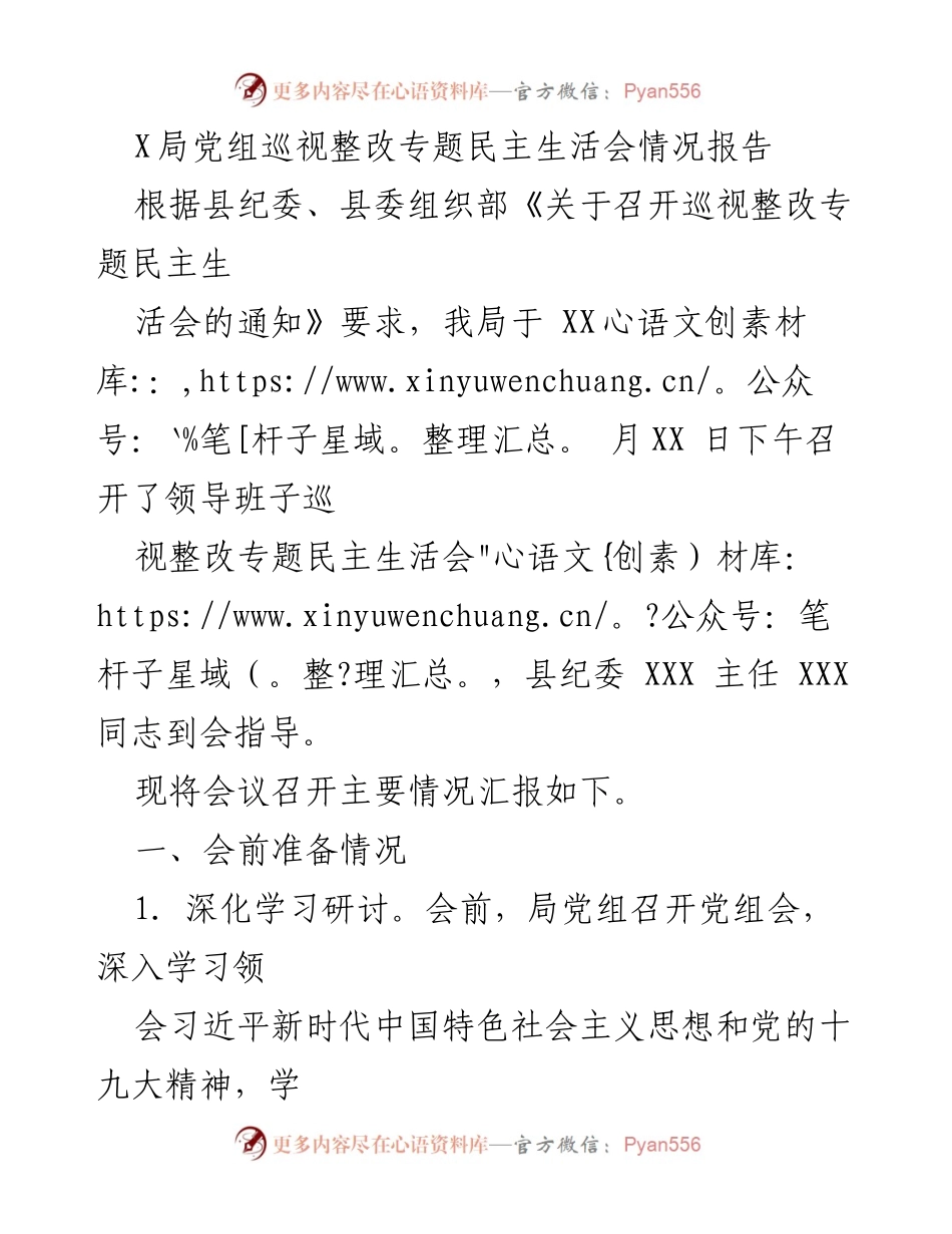[发言] 领导班子巡视整改专题民主生活会 - X局党组巡视整改专题民主生活会情况报告.docx_第1页