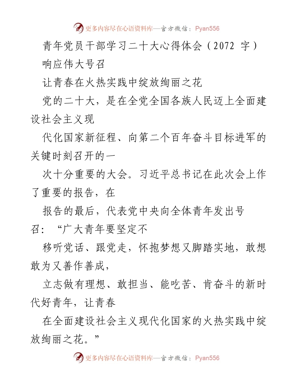 [发言] 青年党员干部学习二十大心得体会 - 青春在实践中绽放：做新时代的有理想、有担当的青年.docx_第1页