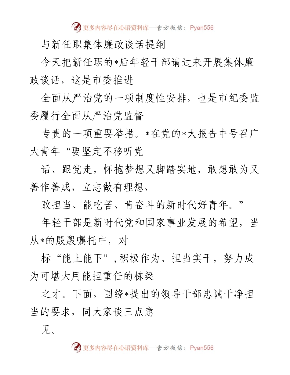 [发言] 集体廉政谈话 - 新时代年轻干部的忠诚担当与政治纪律.docx_第1页