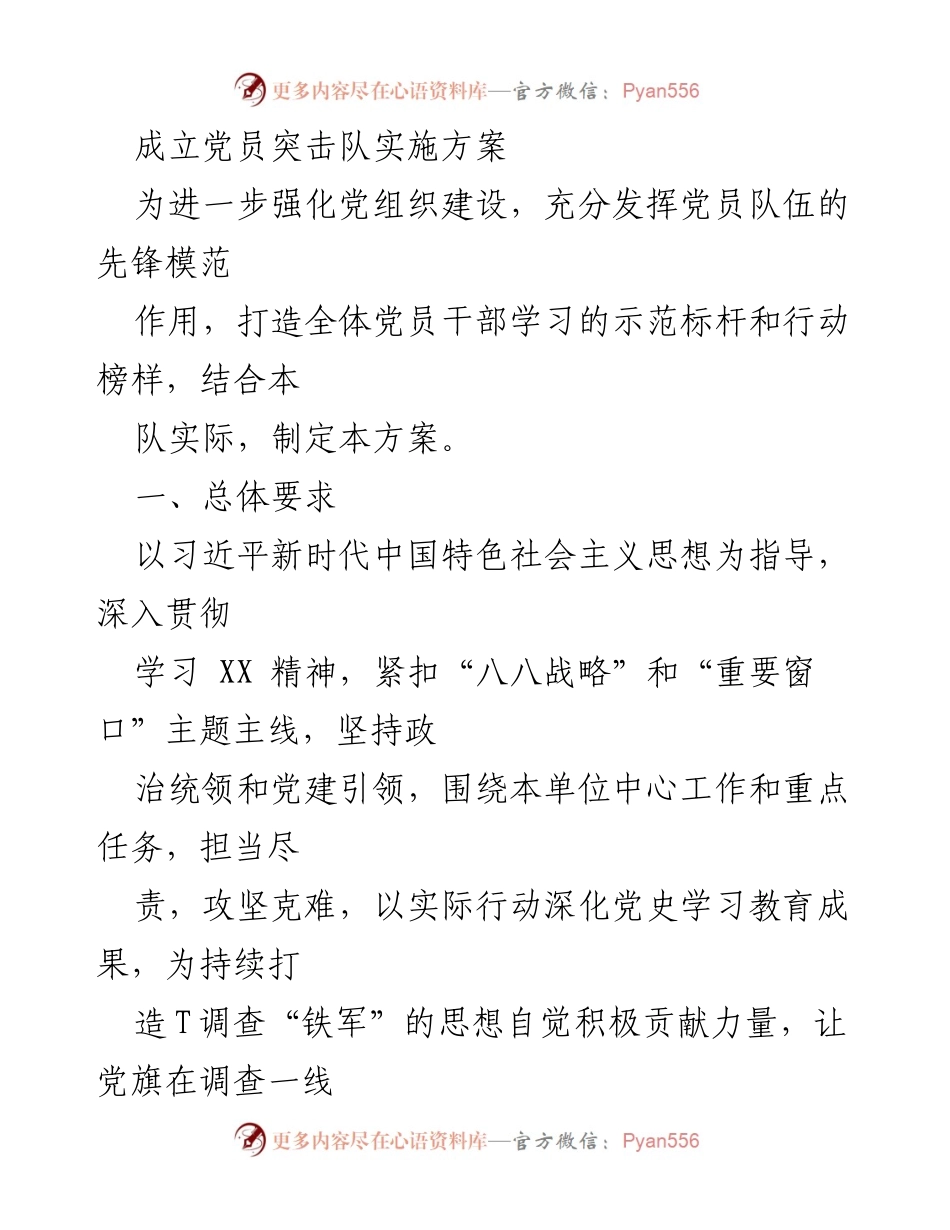 [实施方案] 党员突击队成立 - 强化党组织建设的党员突击队实施方案.docx_第1页