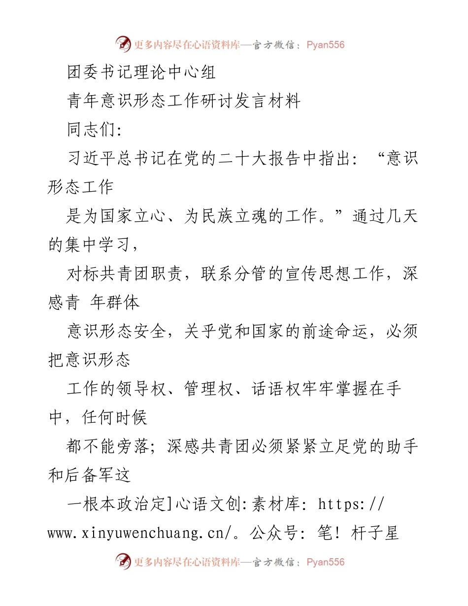 [发言] 青年意识形态工作研讨会 - 加强青年意识形态工作，坚定理想信念.docx_第1页