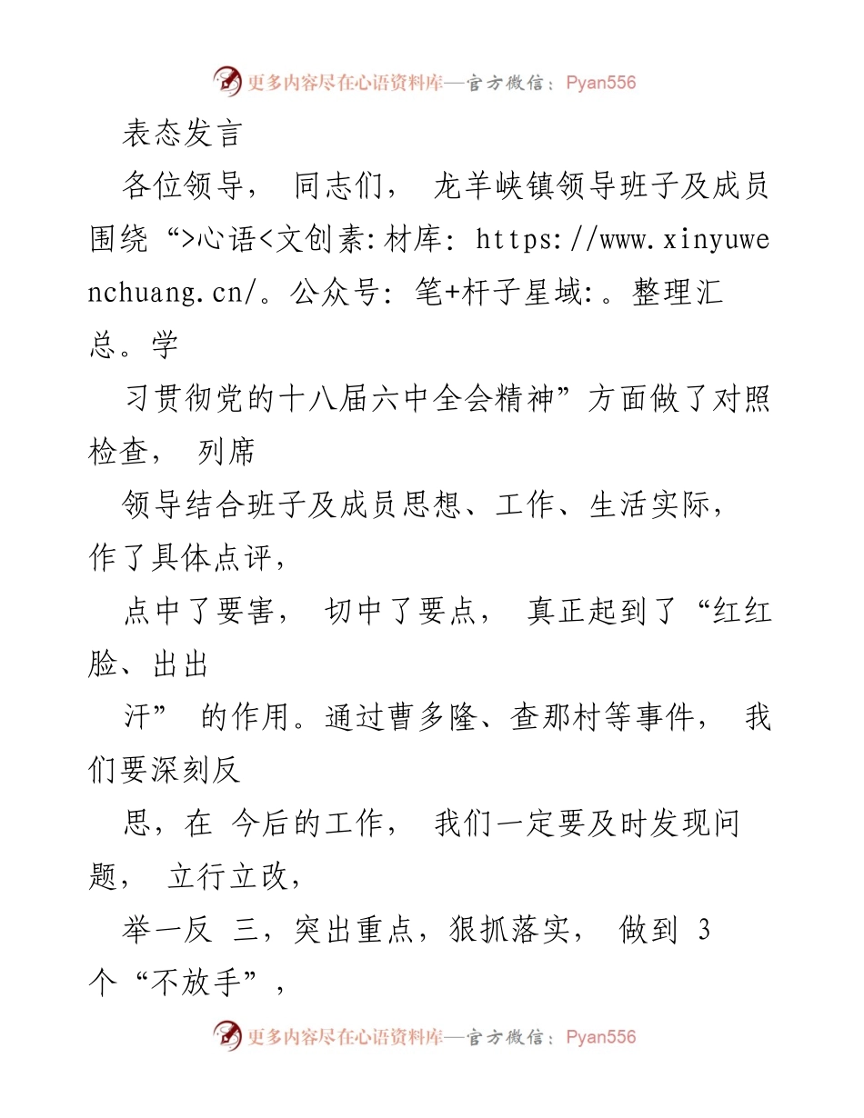 [发言] 领导班子专题民主生活会 - 深刻反思与落实：龙羊峡镇领导班子表态发言.docx_第1页
