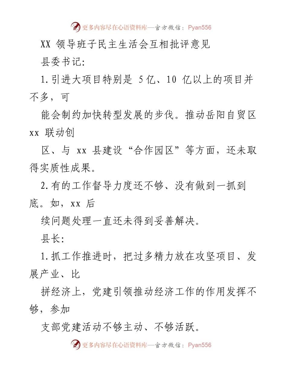 [发言] 领导班子民主生活会 - 互相批评与工作改进意见总结.docx_第1页