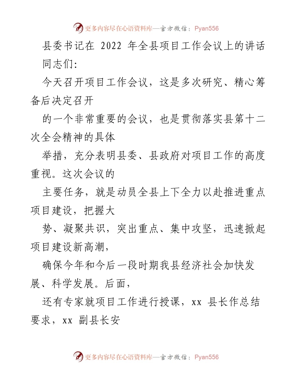 [发言] 项目工作会议 - 强调项目建设对县域经济发展的重要性.docx_第1页