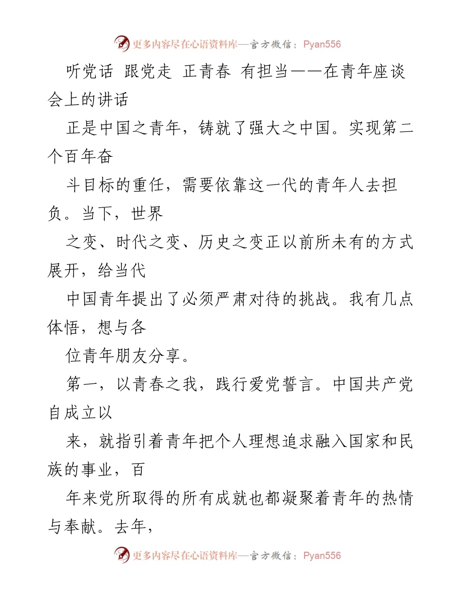 [发言] 青年座谈会 - 青春担当：青年与党的使命.docx_第1页