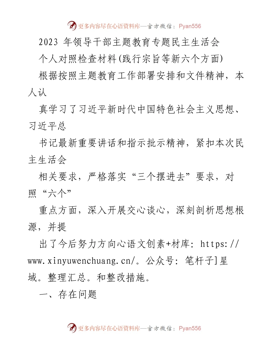 [发言] 领导干部主题教育专题民主生活会 - 个人对照检查材料及整改措施分析_2.docx_第1页