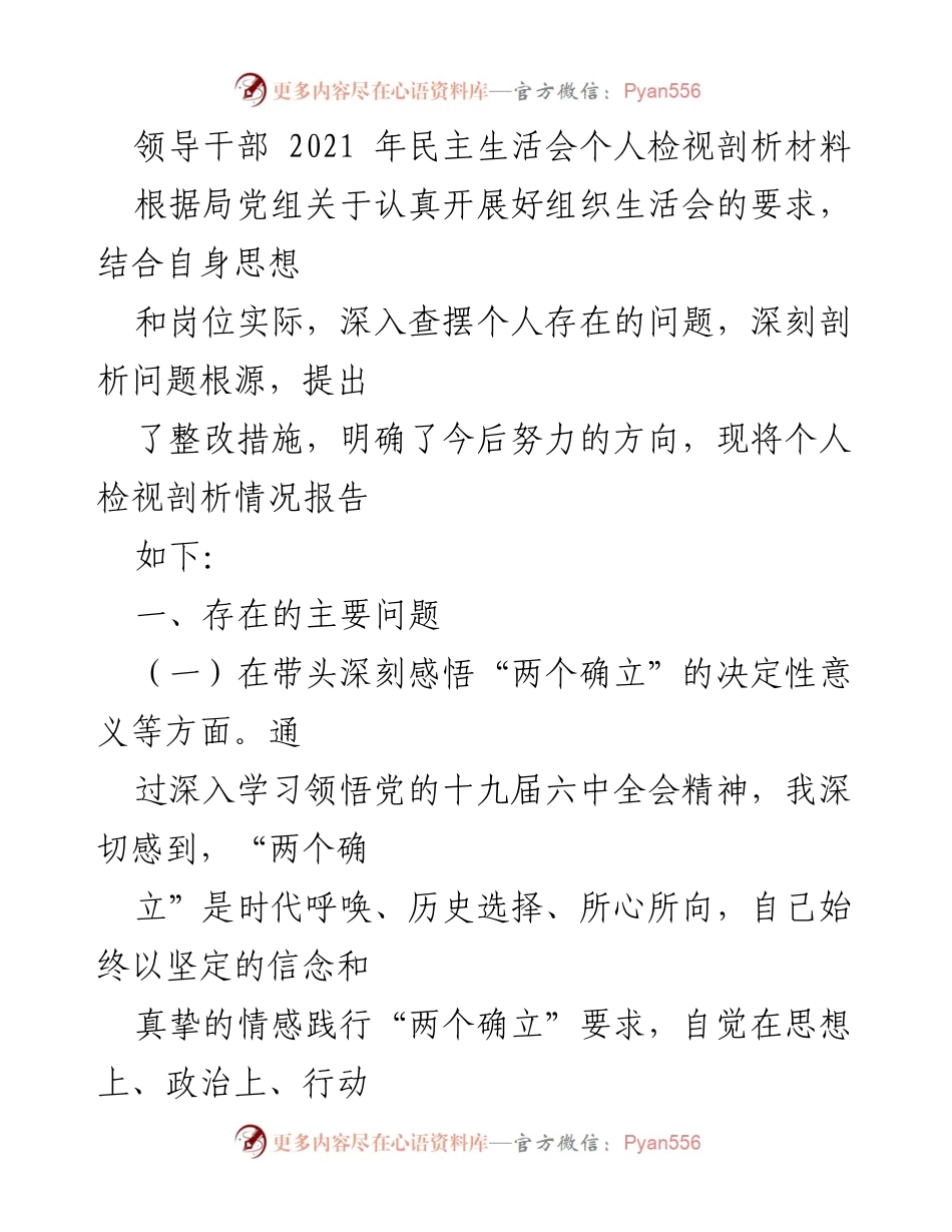 [发言] 领导干部民主生活会 - 个人检视剖析与整改措施报告.docx_第1页