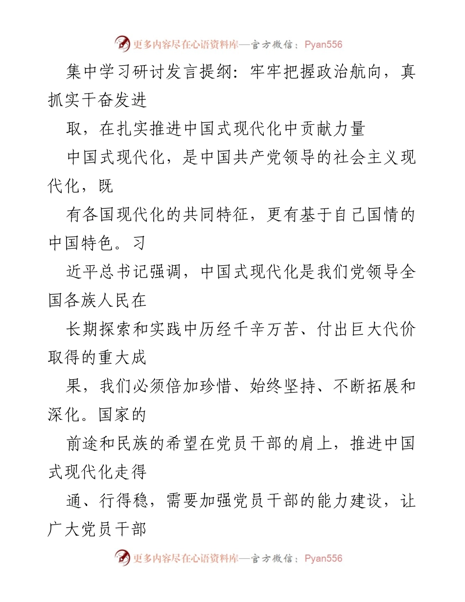 [发言] 集中学习研讨 - 牢牢把握政治航向，奋力推进中国式现代化.docx_第1页