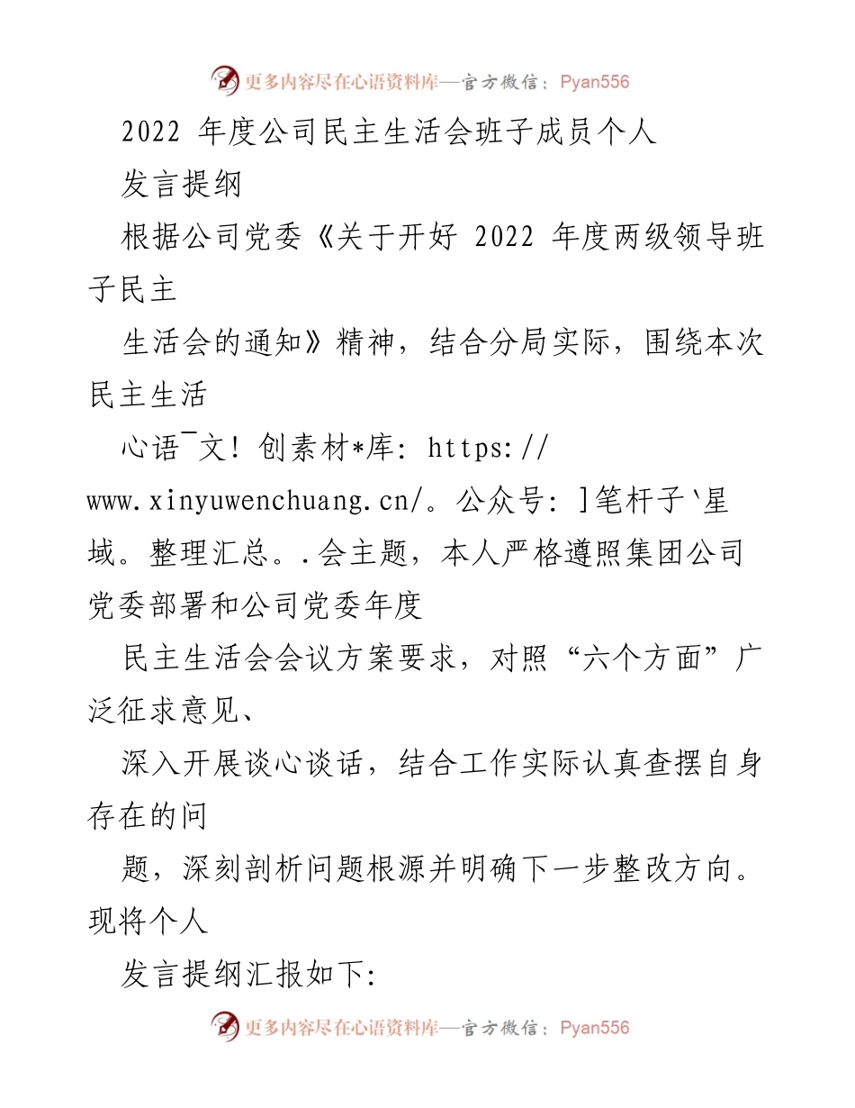 [发言提纲] 2022年度公司民主生活会 - 个人发言提纲及整改措施汇报.docx_第1页