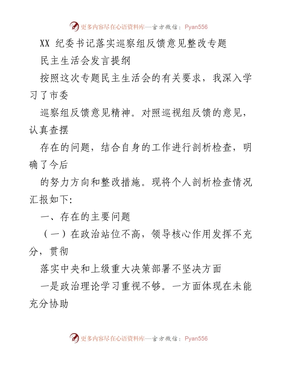 [发言提纲] 专题民主生活会 - 巡察反馈意见整改的个人剖析与反思.docx_第1页