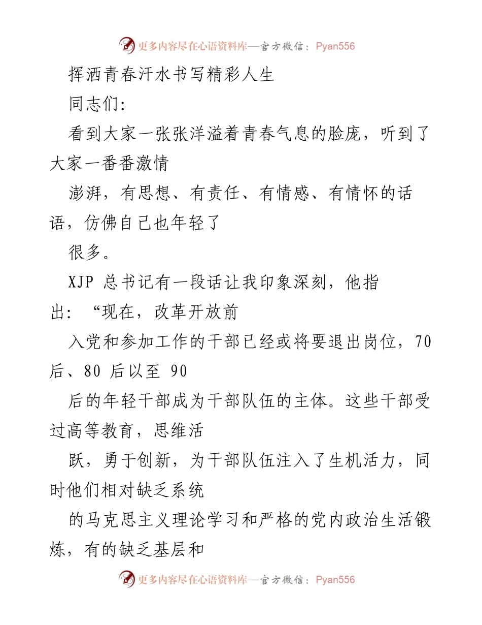 [发言] 青年干部培训会 - 培养青年干部，书写精彩人生.docx_第1页