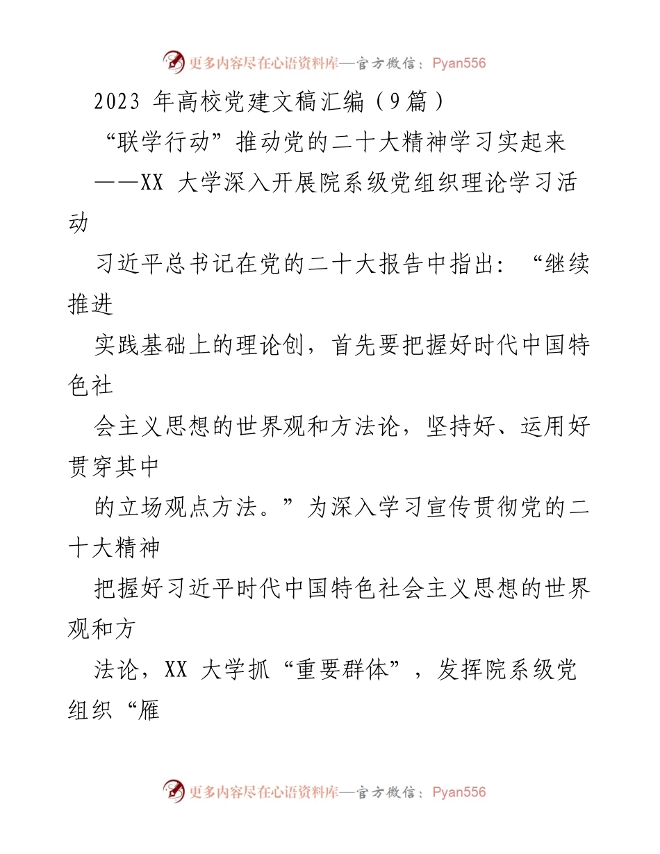 [发言] 高校党建活动 - 深入学习贯彻党的二十大精神，推动院系级党组织理论学习行动.docx_第1页