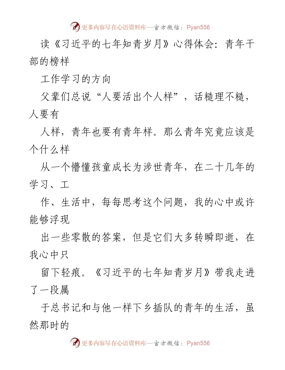 [发言] 青年干部学习会 - 《习近平的七年知青岁月》：青年干部的榜样与理想信念.docx_第1页