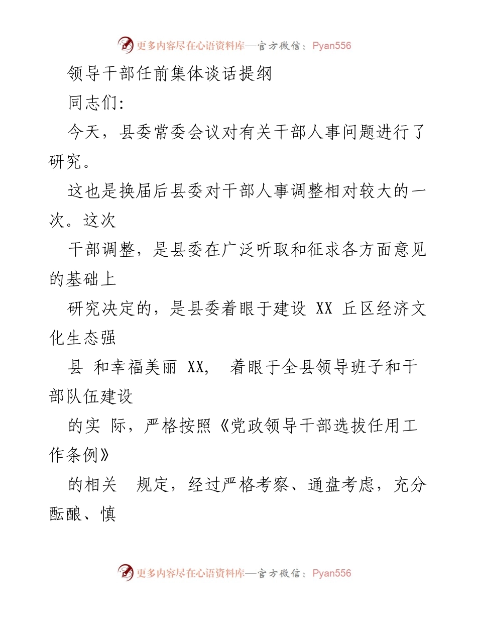 [发言] 领导干部任前集体谈话 - 加强政治意识与责任担当，推动干部队伍建设.docx_第1页