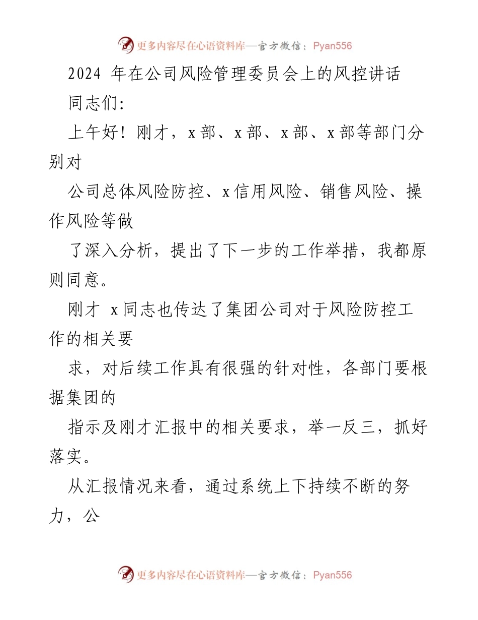 [发言] 风险管理委员会 - 2024年风险防控工作的重要讲话.docx_第1页