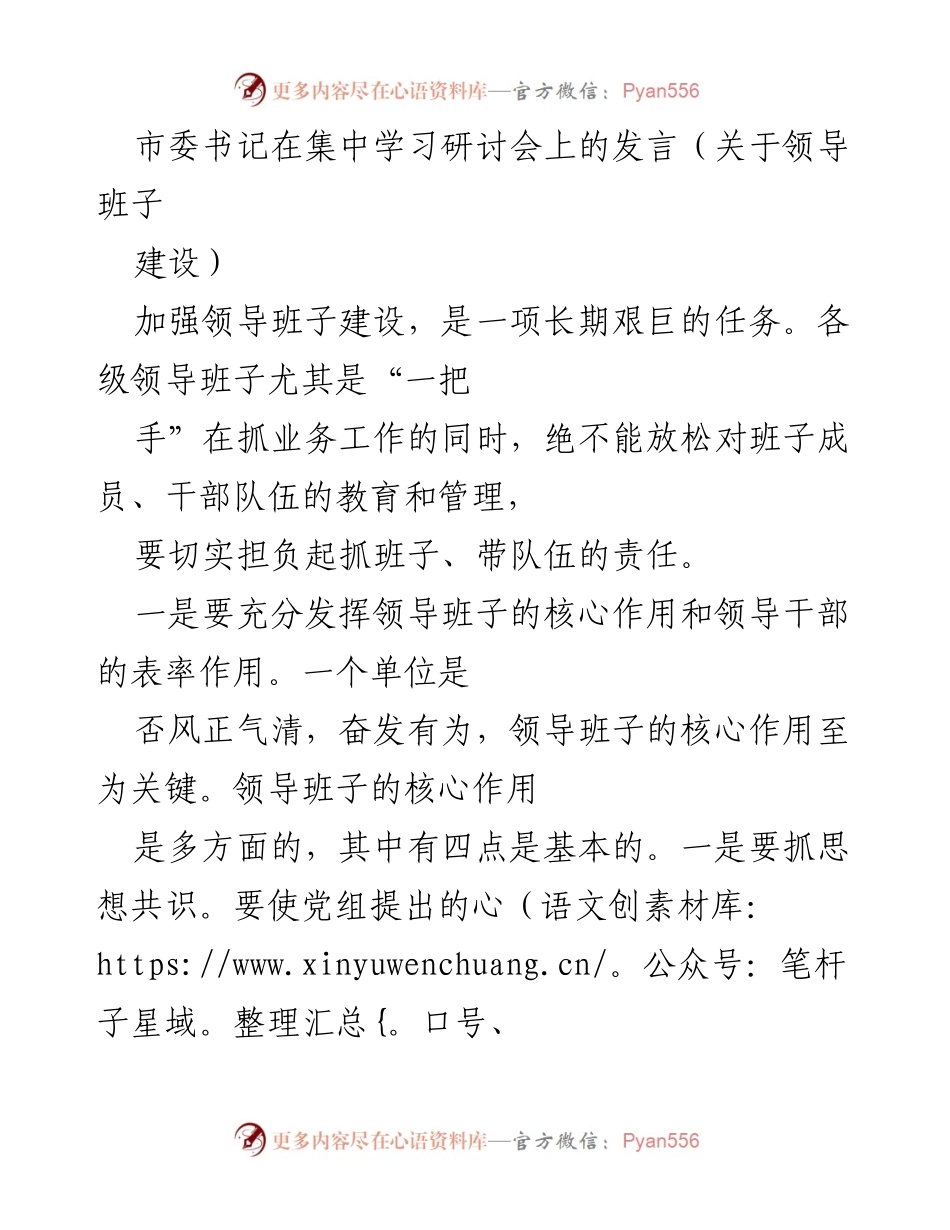 [发言] 集中学习研讨会 - 加强领导班子建设的重要性与措施.docx_第1页